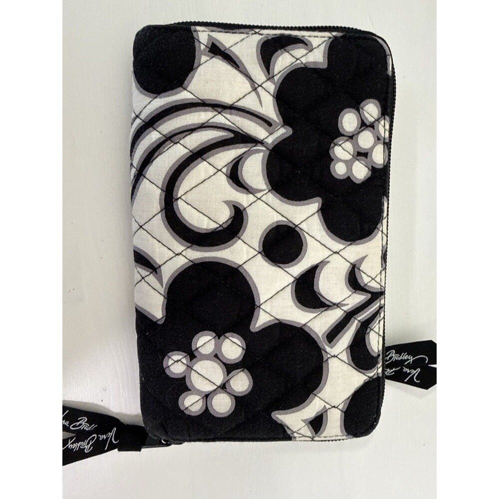 ✿ Vera Bradley Zip Around Wallet Black White Floral Quilted Travel Organizer